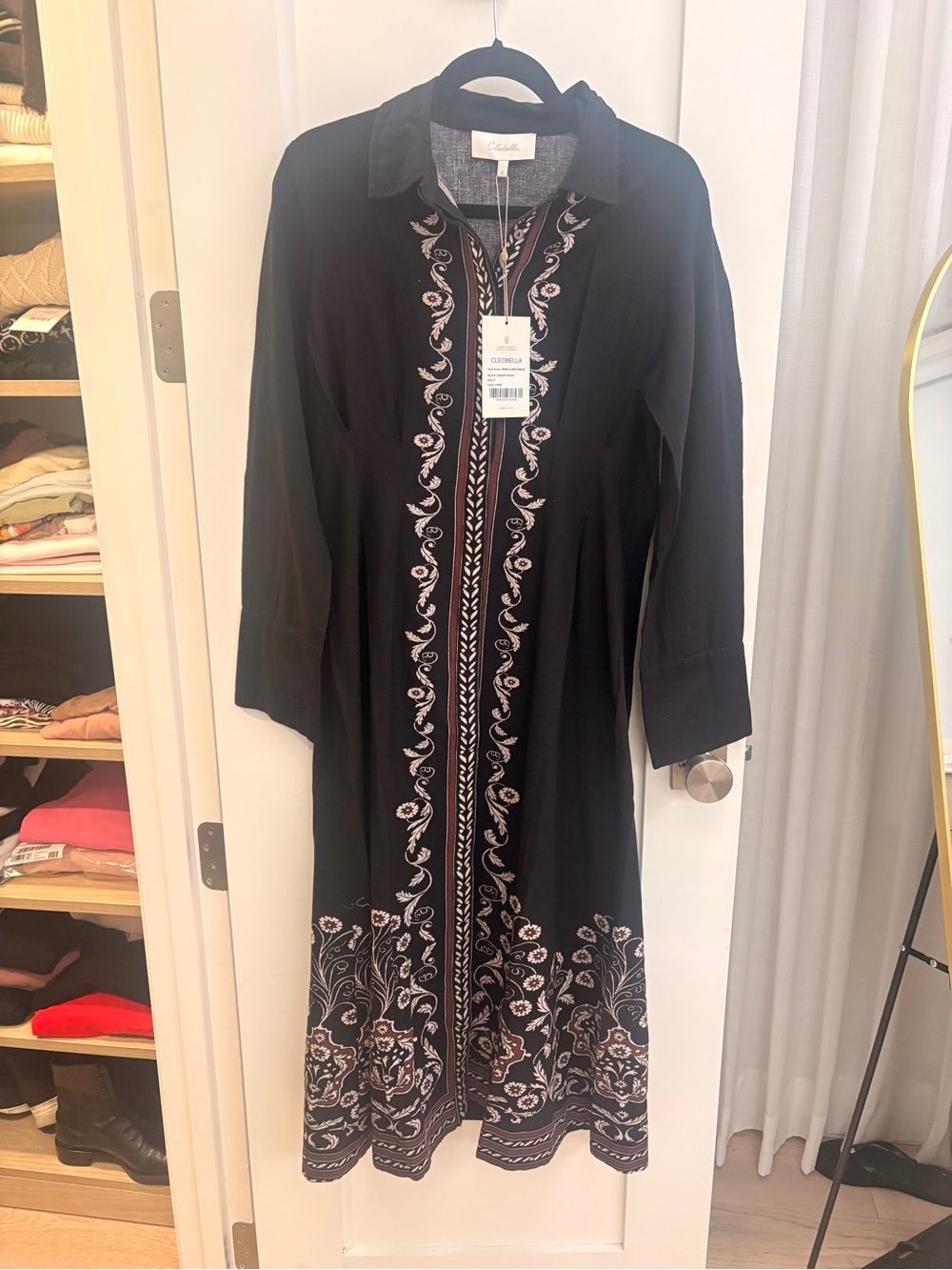 Cleobella Black Long Sleeve Embroidered Midi Dress
